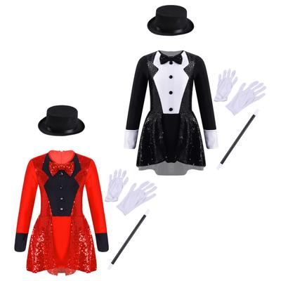 Kids Girls Magician Costume Set Long Sleeve Bow Tie Back Zipper Sequin Leotard with Hat Magic Wand Gloves for Halloween Cosplay Dress Up Performance