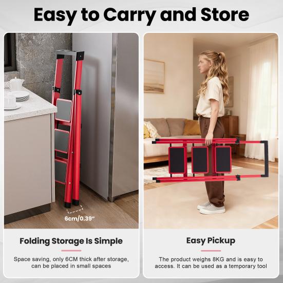 3 Step Ladder Ladder, Portable Steel Folding Stool with Tool Platform, Wide Anti-Slip Pedal and Feet for Household, Office, Iron Construction,