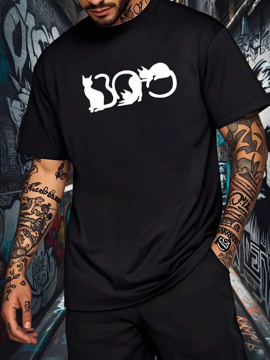 

Black And White Cat Pattern Solid Color Round Neck Unisex s T-Shirt S