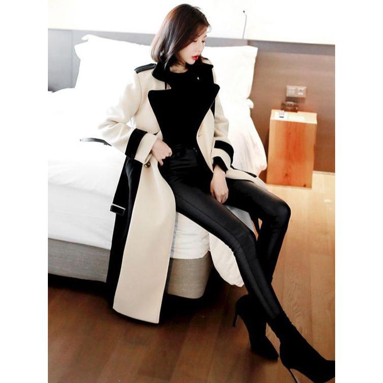Women Fashion Contrast Color Patchwork Spring Windbreaker Coat Female Windproof Jacket Autumn Korean Mid-length Trench Coat