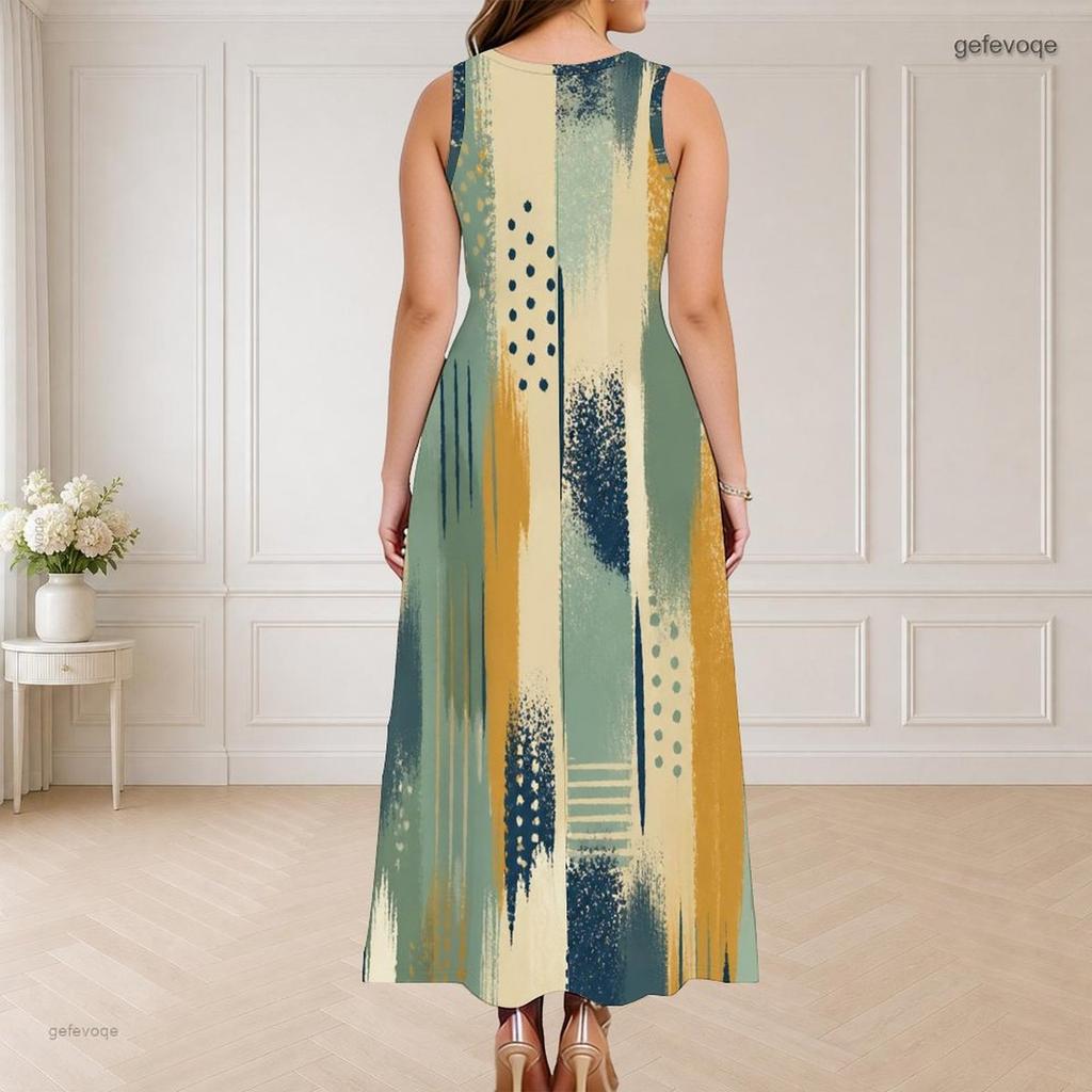 Women s Plus Size Round Neck Triple Keyhole Cutout Sleeveless Dark Blue Printed Maxi Dress