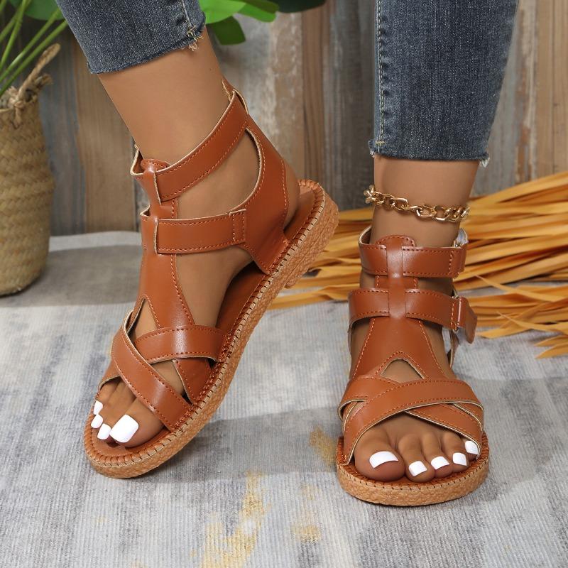 Summer new sandals women's large size sandals Velcro cross strap flat sandals women