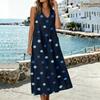 Women Sleeveless V Neck Pocket Split Hem Dress Polka Dot Print Cotton Linen Blend Casual Midi Dress