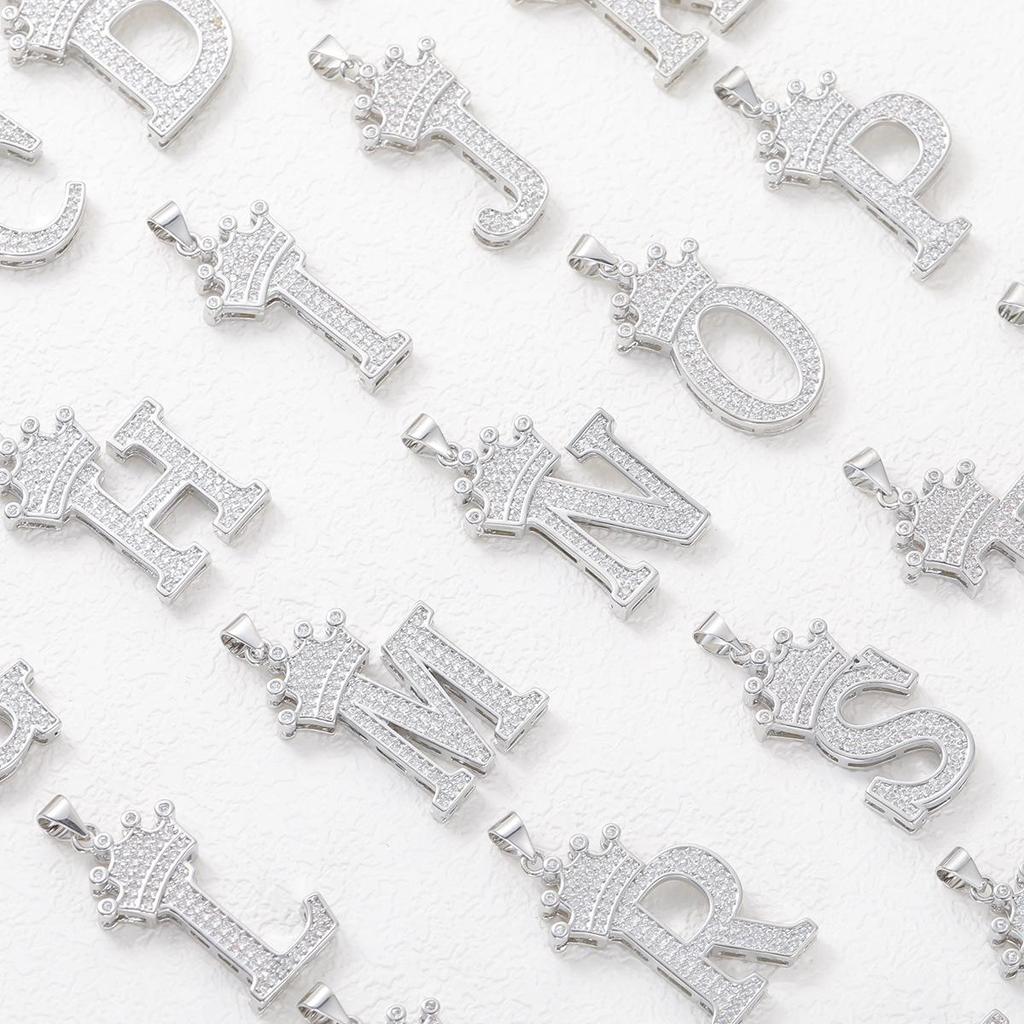 Copper Micro-Inlaid Zircon Crown Letter Pendant Necklace - Hip-Hop Silver Fashion