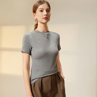 Women's Spring and Summer New Acetic Acid Tencel Wool T-shirt Small Collar Thin Temperament Blouse Solid Colour Slant Shoulder Short Sleeve