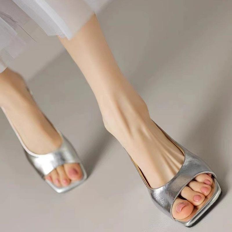 Square head word with fairy fish mouth thin heel sandals women's summer new simple high heels tide