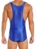 Mens Glossy U Neck Bodysuit Sleeveless Stretchy Leotard Wrestling Singlet Swim Sportswear