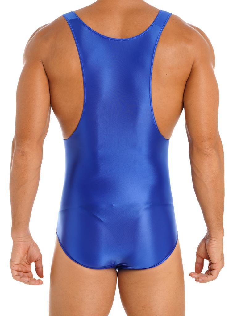 Mens Glossy U Neck Bodysuit Sleeveless Stretchy Leotard Wrestling Singlet Swim Sportswear