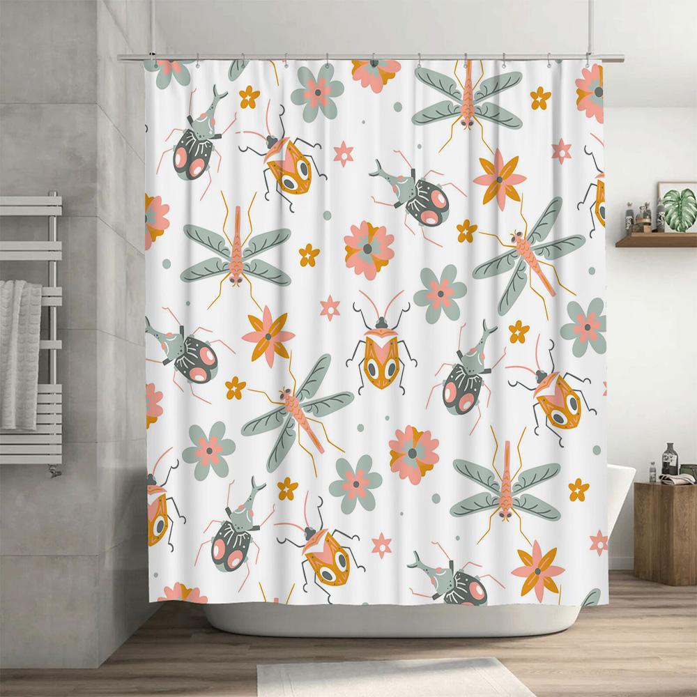 Vibrant Bug Floral Shower Curtain Home Bathroom Decor Waterproof Fabric Yellow Pink Red White Green