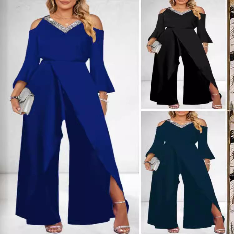 Tuta da donna paillettes tinta unita scollo a V business elegante gamba larga manica ampia manica a campana