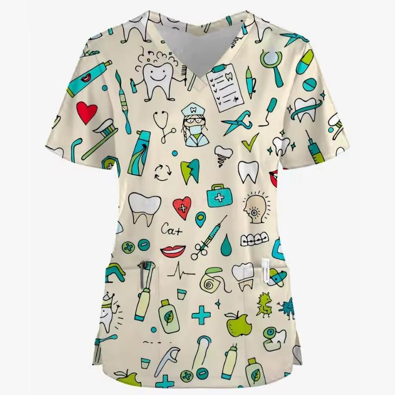 Tecknad Kanin 3D-tryck Sjuksköterska Medicinska Uniformer V-ringning Kortärmad Ficka Arbetskläder Topp Scrubs Medicinska Tillbehör Uniform