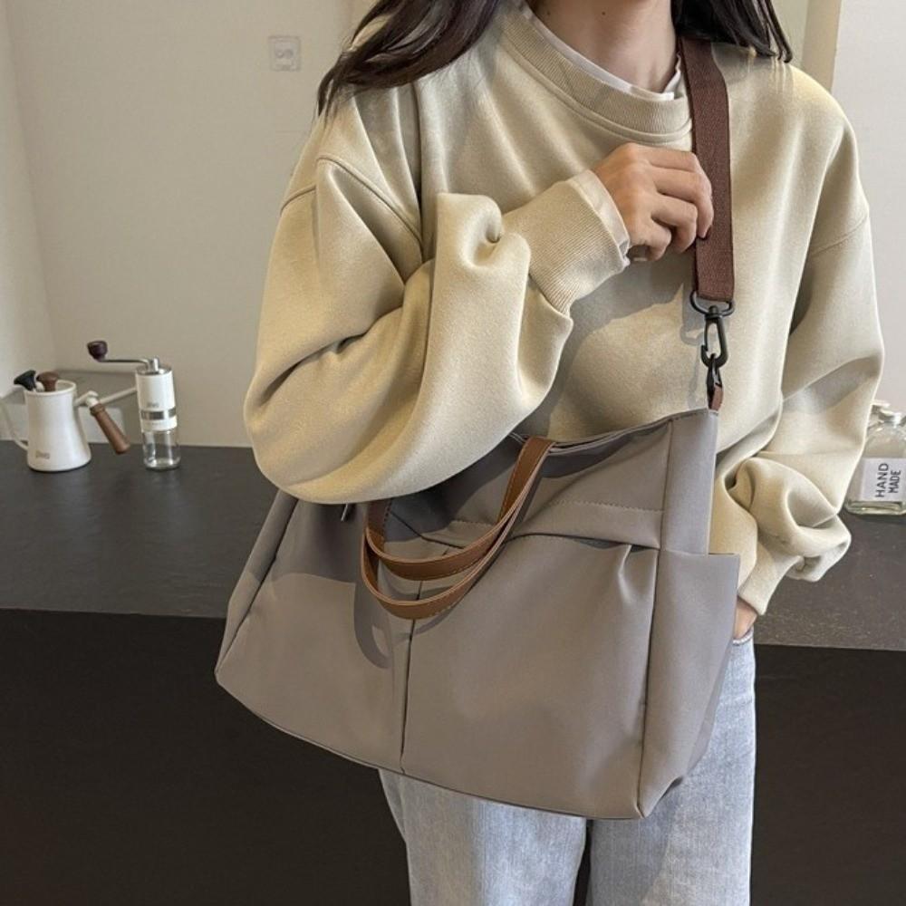 Fashion Stylish Women Shoulder Tote Bag Nylon Durable Commuting Handbag Two Pockets Solid Color Large Capacity Handbag Office
