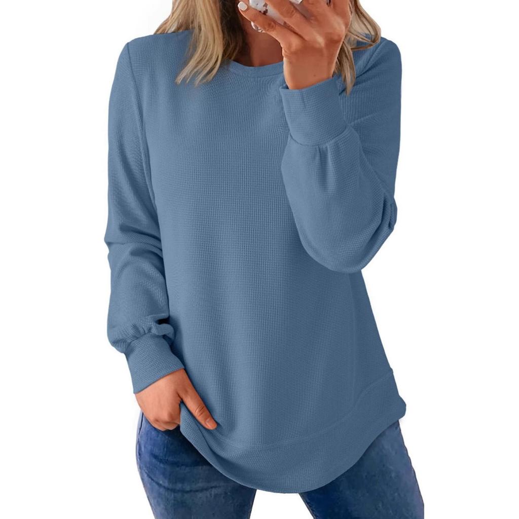 Autumn and Winter Waffle New Round Neck Curved Hem Loose Long Sleeved Top