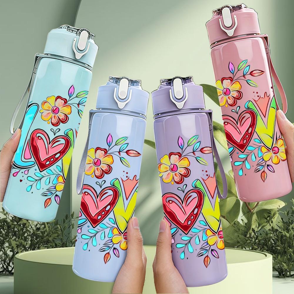 1PC Love Word Doodle Mixed Floral Decor Print 750ml Color Plastic Sports Water Bottle Leakproof Flip Straw Lid Suitable for Sports Office Home Use