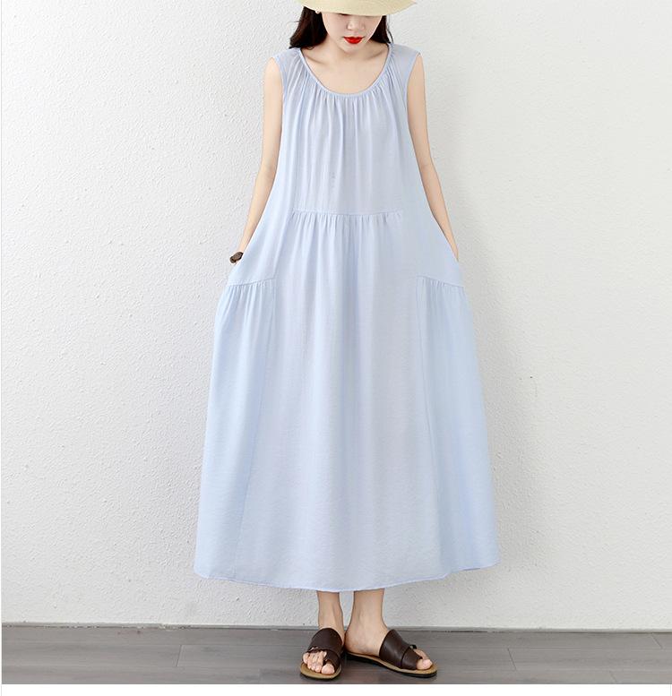 Elegant And Laid-back Style, Large Sleeveless Cotton And Linen Round-neck Vest Dress