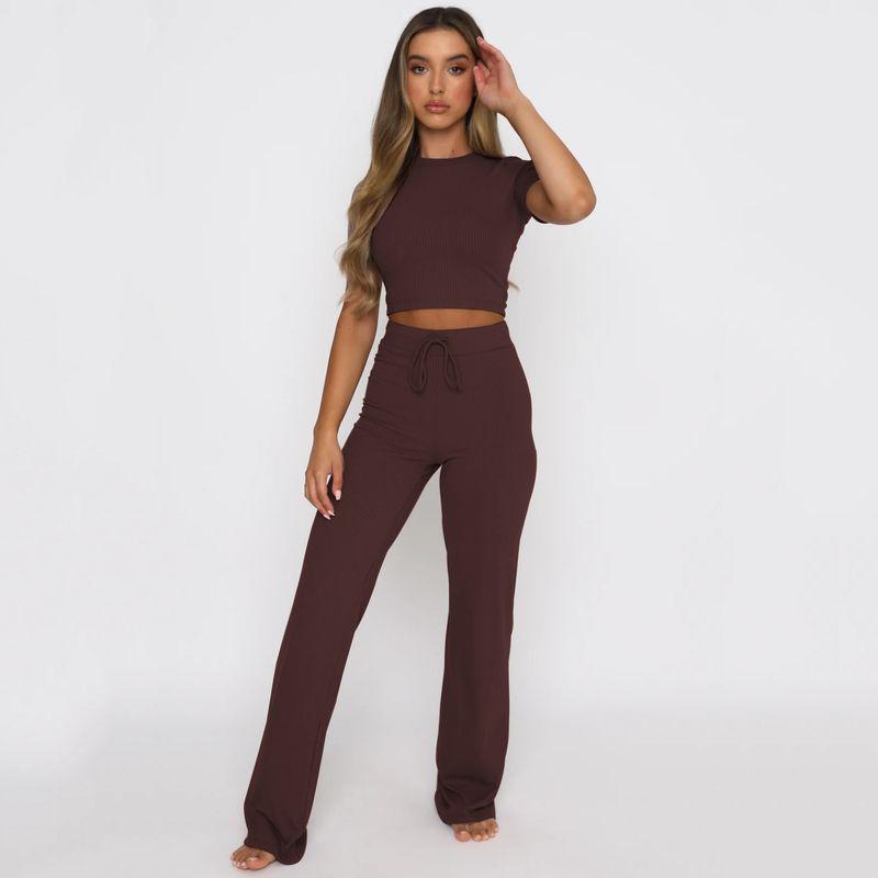 

Solid Color T-shirt Wide Leg Pants Set Pure Color Short Sleeve T-shirt Loose Pants Suit Maroon M