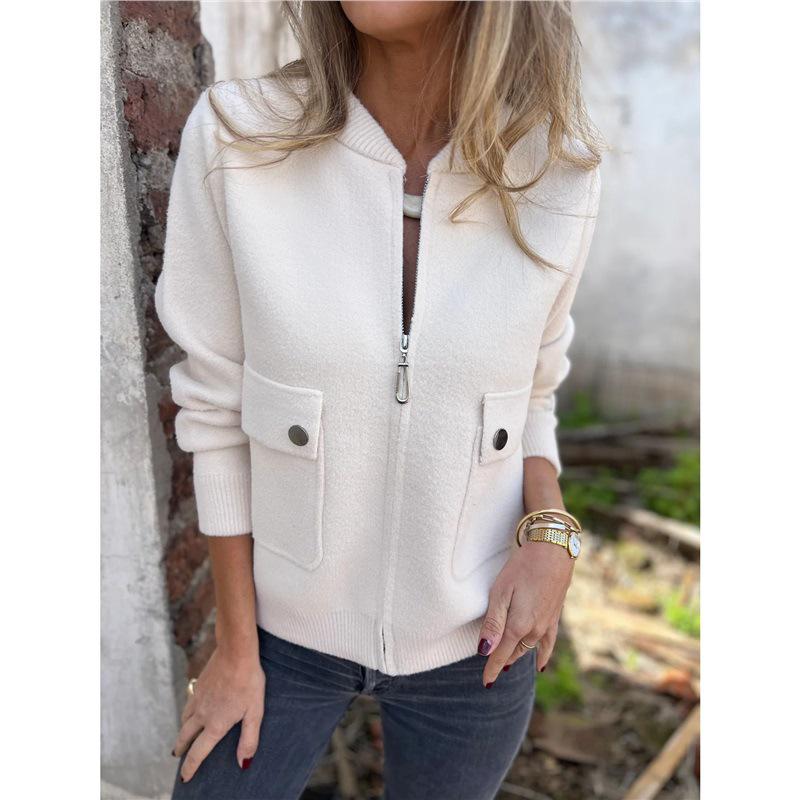 Women's Autumn/Winter Casual Solid Color Crew Neck Zip Pocket Jacket