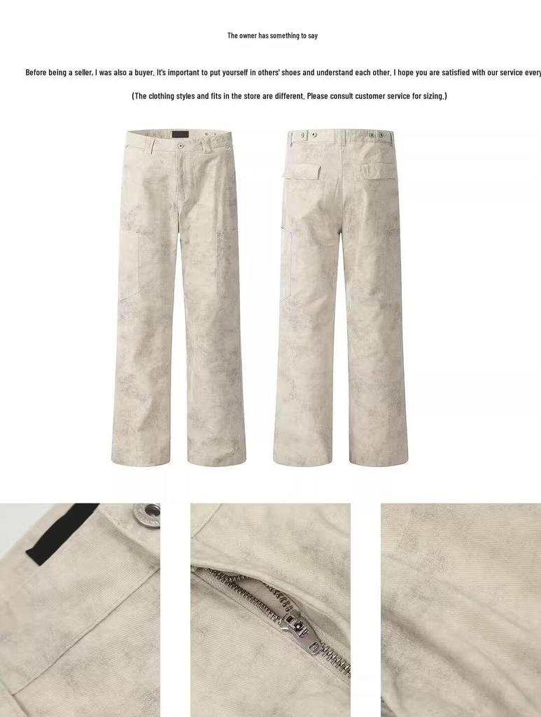 American Retro Marble Pattern Unisex Wide-Leg Work Pants - Wheat Apricot Color