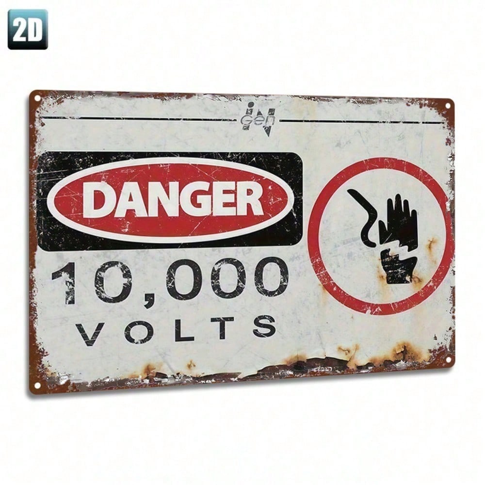 Vintage Danger 10000 Volts Metal Sign 8x12 Inch, Retro 2D Flat Iron Wall Plaque, High Voltage Warning Decor for Office Yard