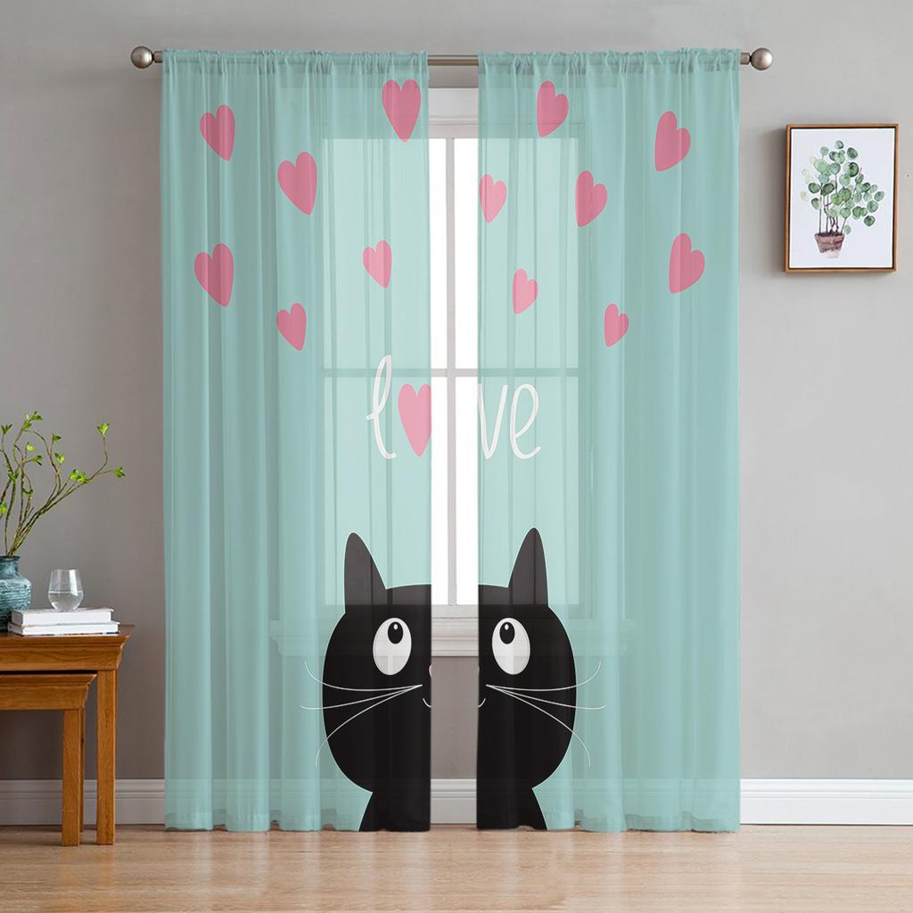 Modern Cartoon Cat Kitty Tulle Curtains Living Room Bedroom Kitchen Decoration Kawaii Animal Pet Chiffon Voile Curtain With Light Filtering Polyester