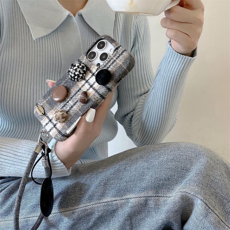 

Korean Style Plaid Color Block 3D Button Phone Case for iPhone 17, 16 Pro Max, 15, 14 iPhone 16