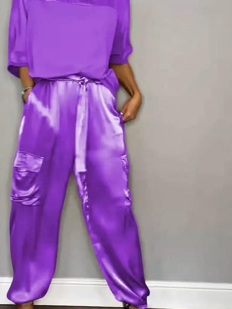 Women's Two Piece Set - Sleeveless Top & Pants, Solid Color Loose Casual Smooth Satin Pocketed Fashion Outfit