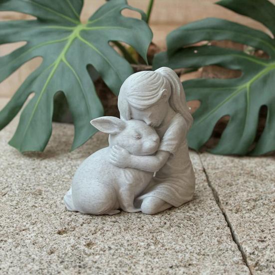 Girl And Bunny Figurine, 3D Printed Girl Embrace Rabbit Statue, Small Cute Animal Ornament for Living Room, Desk, Cabinet Decor