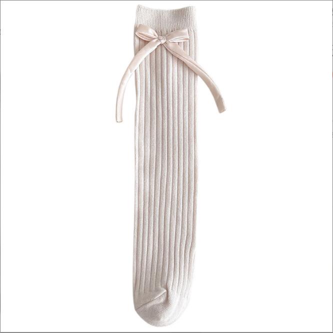 New Sweet Princess Mid-Calf Socks for Girls - Solid Color Bow Style for Autumn and Winter