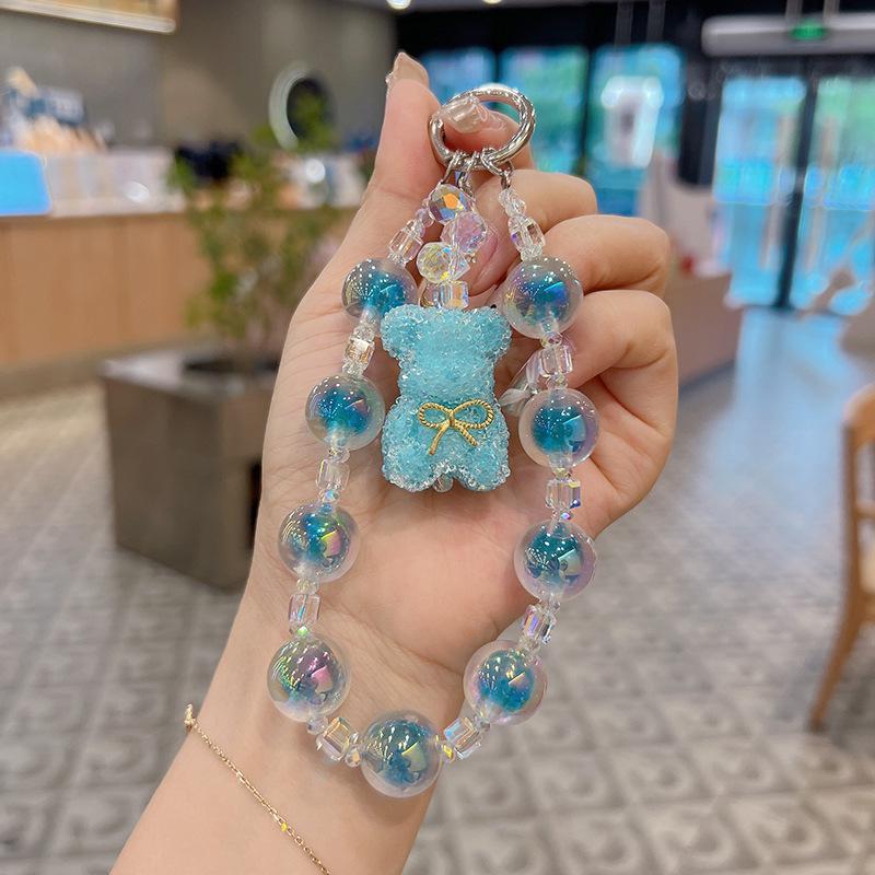 

Creative Mobile Phone Chain Crystal Teddy Bear Cartoon Keychain Handmade Bead String Bag Decoration Pendant Wholesale Finished Product Girls синій