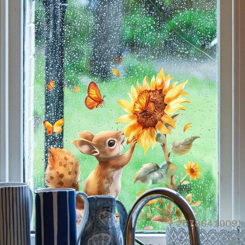 Squirrel & Sunflower Wall Decal,Watercolor Squirrel with Butterfly Window Sticker for Kids Room,Living Room & Kitchen Decor