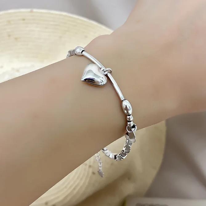 Real  Sterling Silver Beaded Tassel Square Heart Pendant Charm Bracelets for Women Fine  Minimalist Accessories