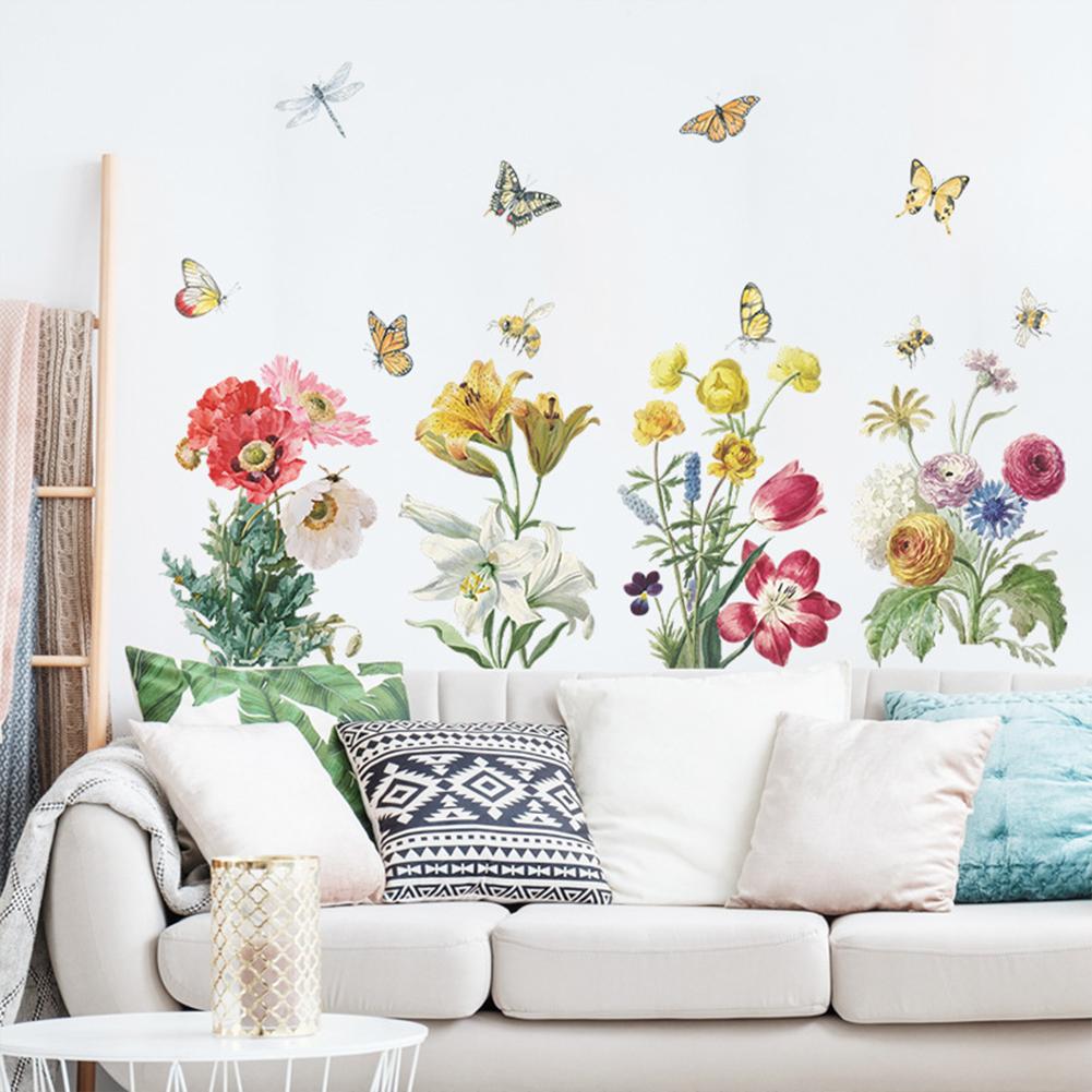 Wall Sticker, Bright Flower Green Leaf Cluster Colored Butterflies Decoration Painting, Bedroom Entrance Diy Self-adhesive Art Decor Decals