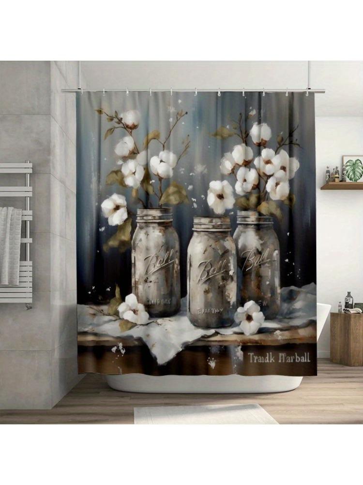 

1PC Rustic Farmhouse Style Mason Jars Shower Curtain,Durable Polyester Fiber, Easy Clean, for Bathroom, Bathtub, Window Decor W90xH180cm