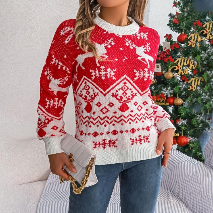 Knitwear Vintage Cardigan Print Sweater Autumn Winter Long Sleeve Loose O-Neck Top Christmas