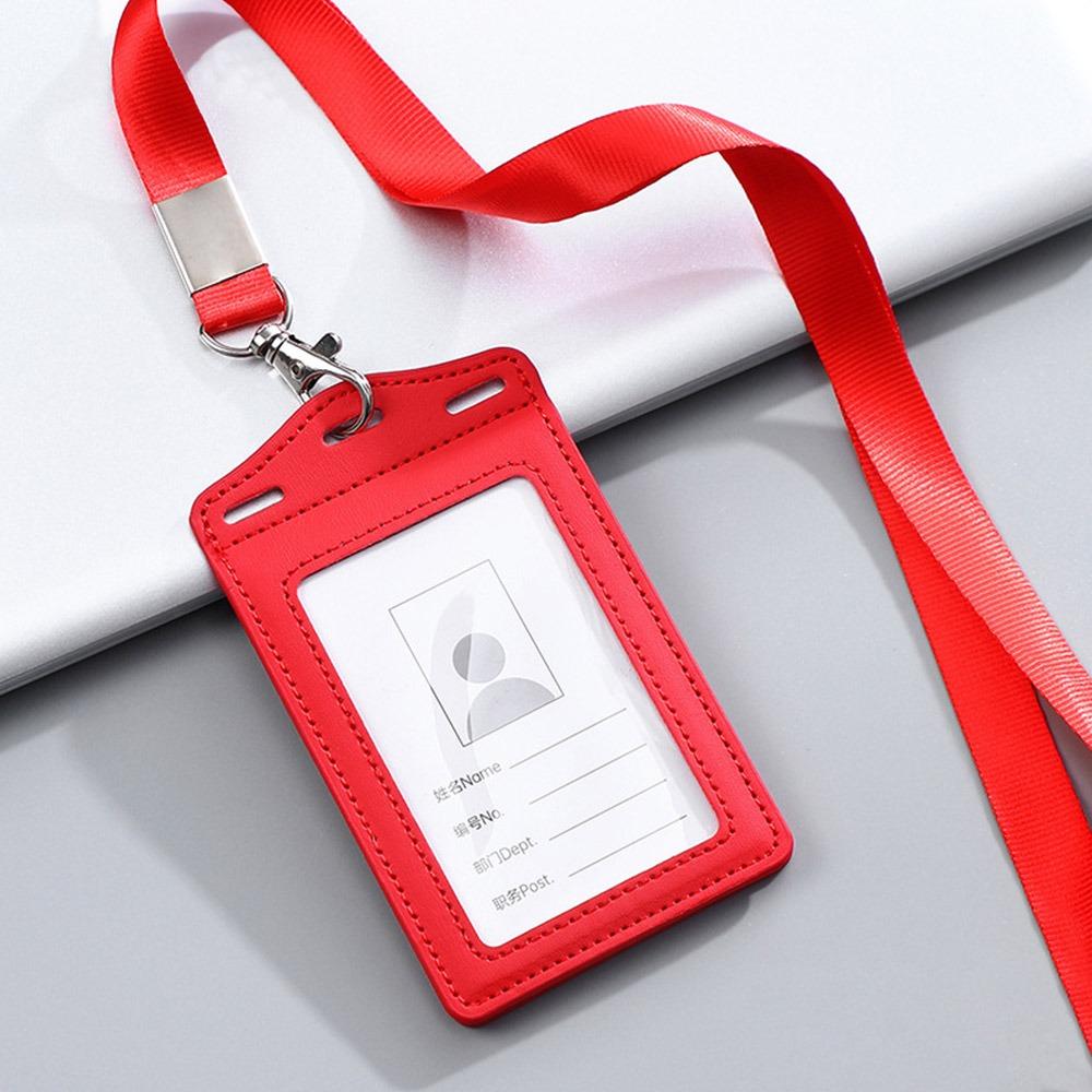 

High Quality PU Leather Work Card Holder With Neck Lanyard Solid Color ID Card Cover ID Badge Holders Business