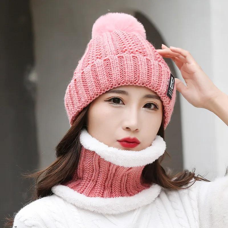 Winter Hat Womens Beanie Hats Thick Warm  Winter Women Knitted Hat B Letter Bonnet Beanie Cap Cycling Hat Scarf 2pc Sets