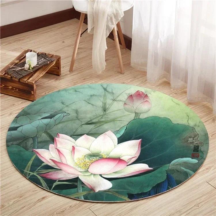 Lotus and Peony Pattern Round Carpet, Living Room Decorative Mat, Bedroom Foot Mat, Chinese Style Retro, Non-slip Chair Mat