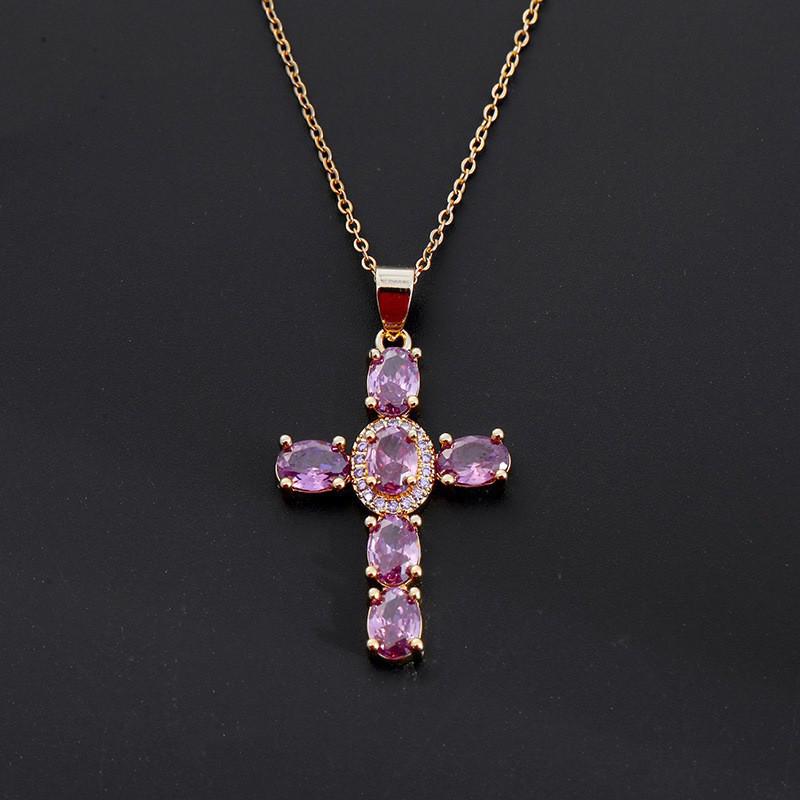 Gold-Plated Multi-Color Zirconia Cross Necklace with Full Diamond Design