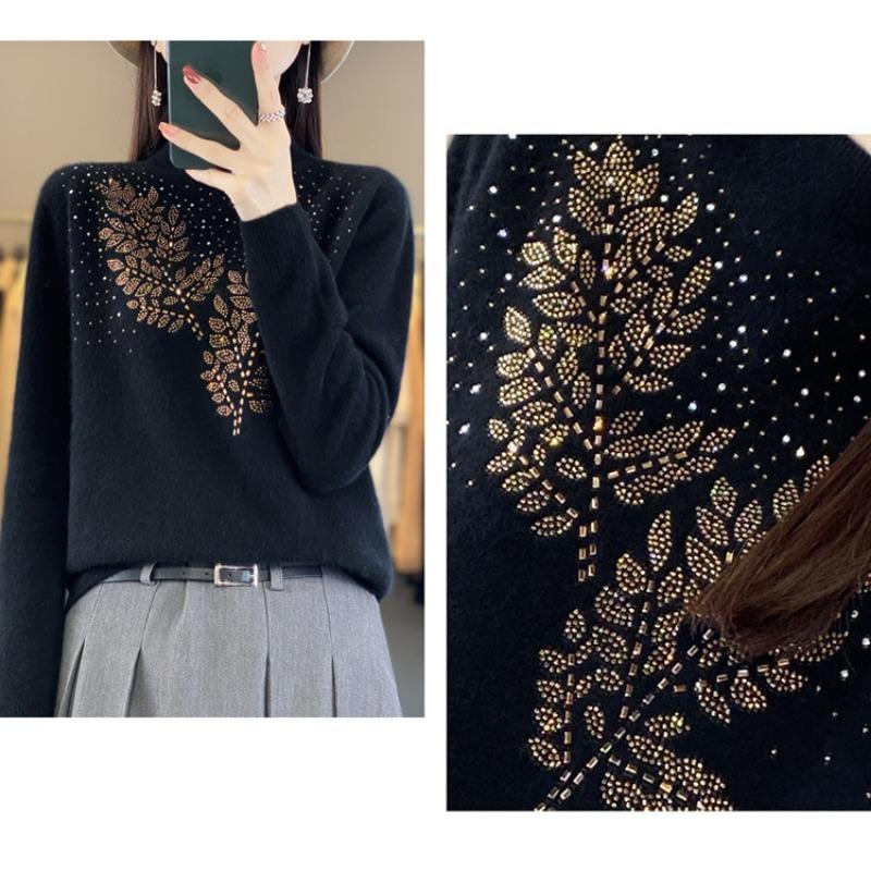 Women S Half Turtleneck Rhinestone Knitted Sweater Long Sleeve Base Layer