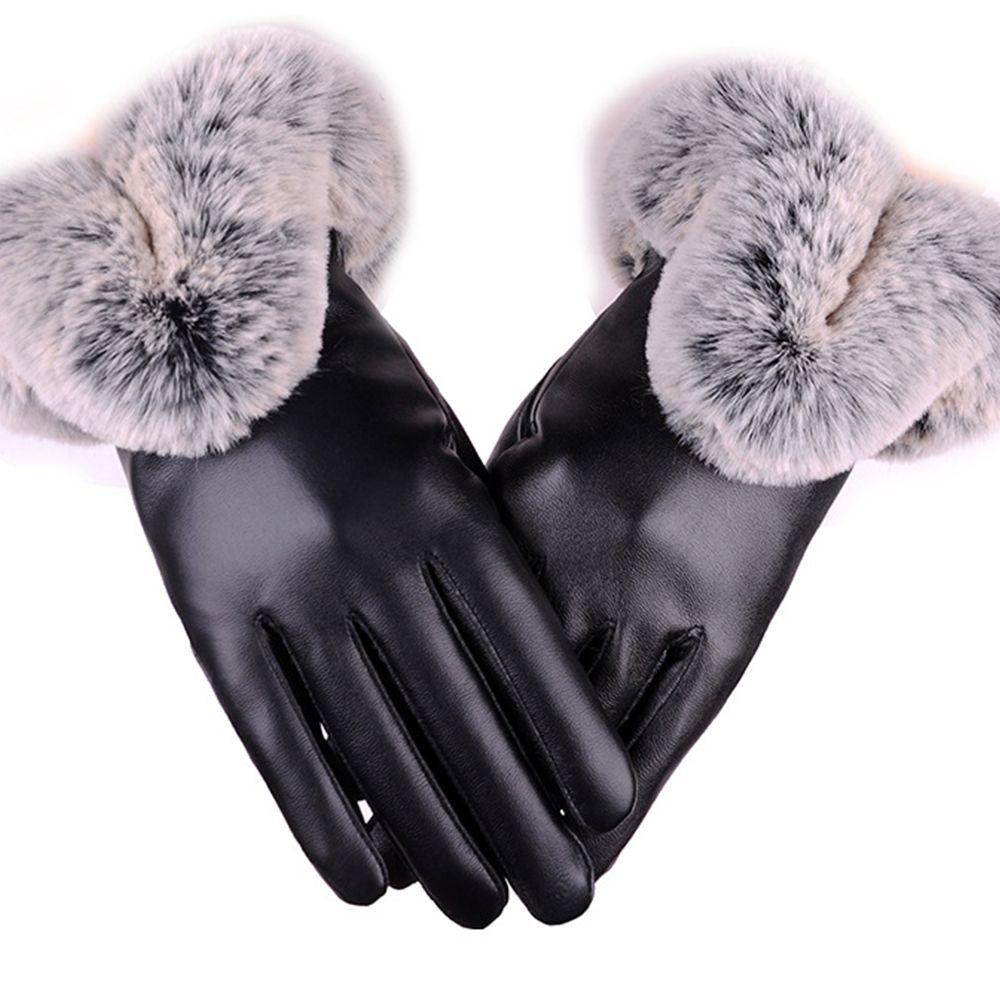 Cycling Ski Women Leather Gloves Fur Wrist Mittens  Gloves Winter Warm Gloves