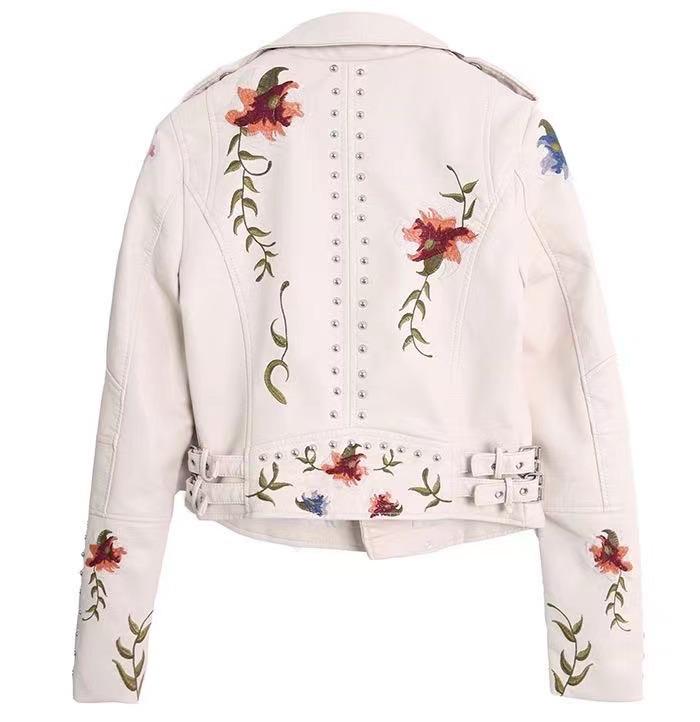 2023 Spring European & American Chic Embroidered Rivet Women's PU Leather Jacket