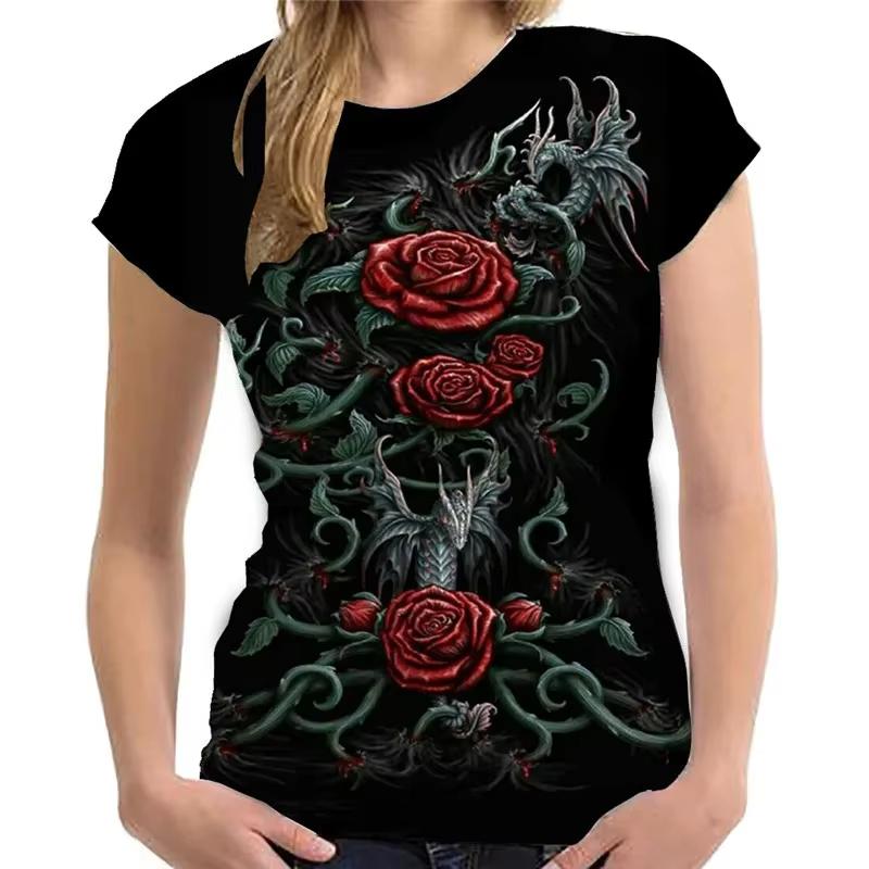Nuova T-shirt da Donna a Maniche Corte con Stampa 3D Rose Graphix Estiva Casual Y2k Harajuku Girocollo Abbigliamento