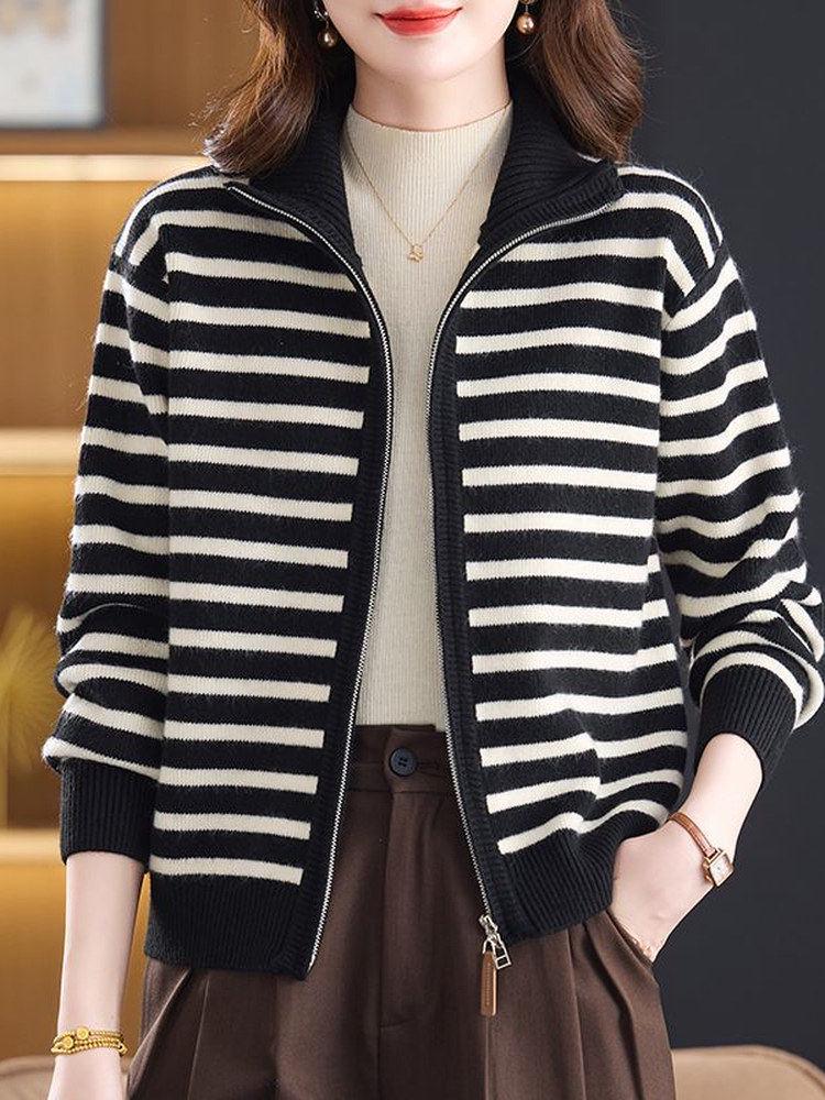 Korean Style Striped Knit Wool Cardigan - Autumn/Winter Zipper Sweater for Women
