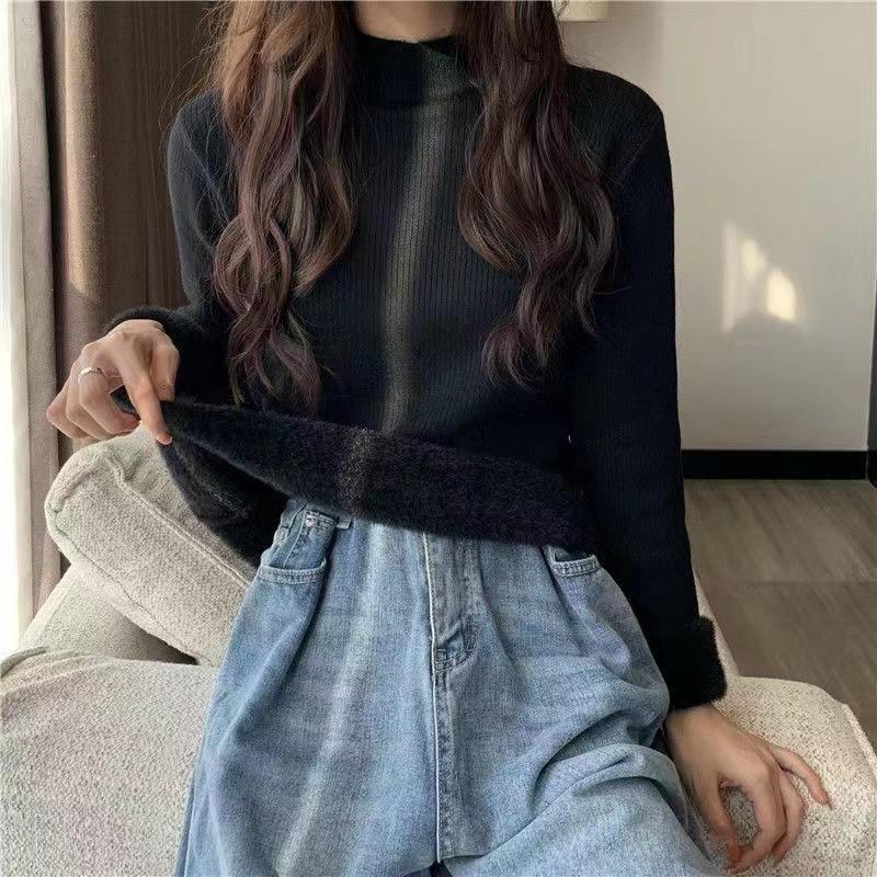 Women's Thick Velvet Half-High Collar Pullover: Slim Fit, Warm Autumn/Winter Knit Top