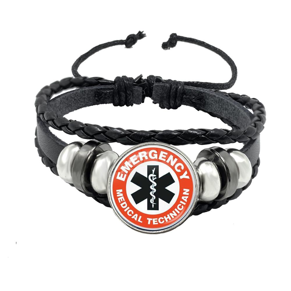 Emergency Medical Technician Paramedic Symbol Logo Black Button Leather Bracelet Glass Dome Blue Star of Life Logo Jewelry