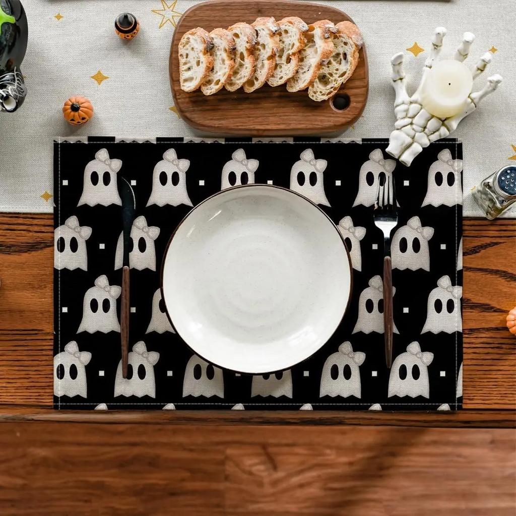 Black Stripes Ghost Boo Spooky Halloween Placemats Set of 4, 12x18 Inch Seasonal Vintage Table Mats for Party Kitchen Dining