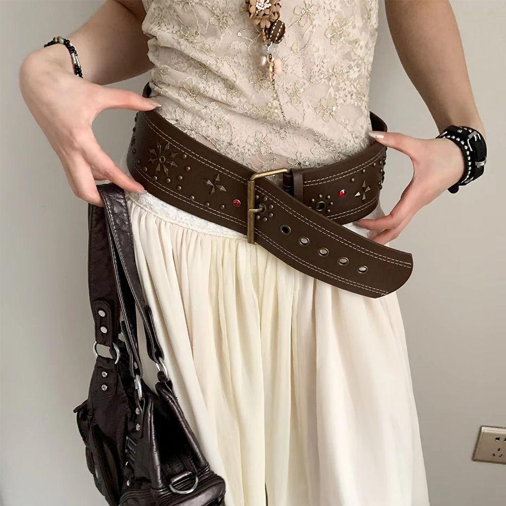 Y2k Leather Waist Belt Gothic Dress Jeans Belt Fashionable Women's Rivet Belt  Streetwear