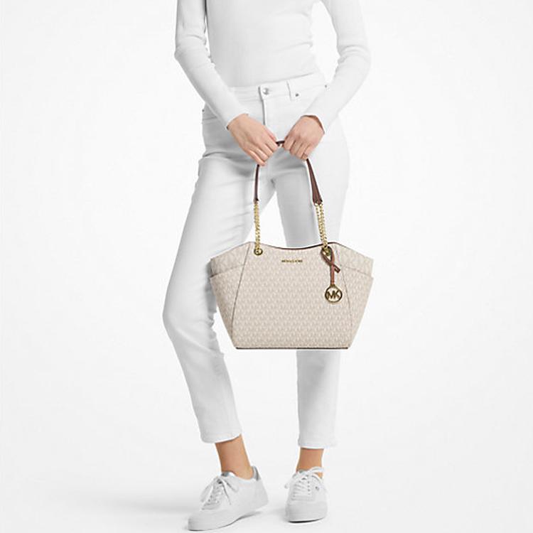 Michael Kors MK Pratt Logo Uzavírání na zip Potahovaná plátěná taška Tote Nákupní taška Přes rameno Crossbody Kabelka Velká dámská tote 35S4GTVT3B-VANILLA