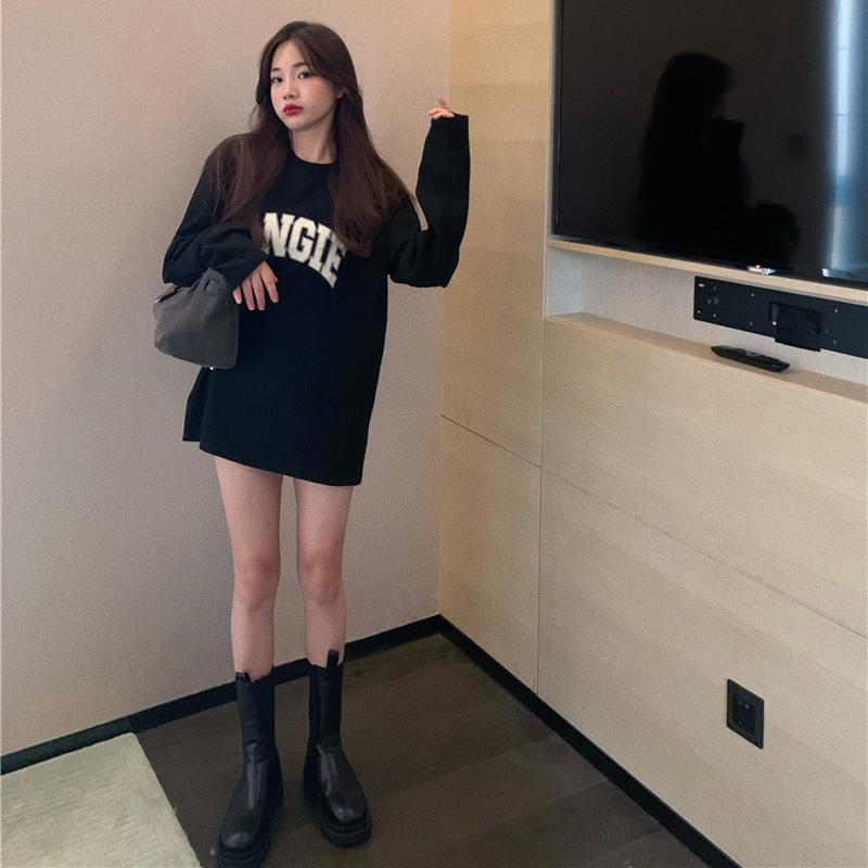Spring 202 Women's Loose Cotton T-irt Long Sve Mid-Length Korean Sle Casual Faion Inner Wear Round Ne Top