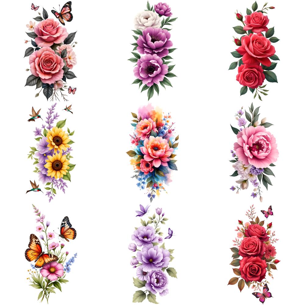 9pcs Temporary Tattoo Waterproof Long-lasting Body Stickers Sunflowers Dahlias Butterflies For Adult Shoulders Back